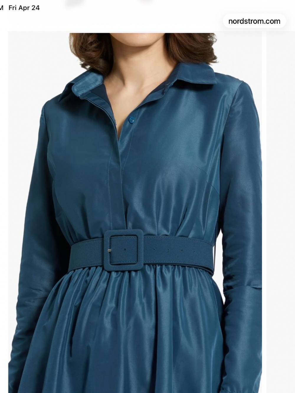 Mac Duggal Faille Long Sleeve Collared Belted Midi Dress – Deep Blue – Medium